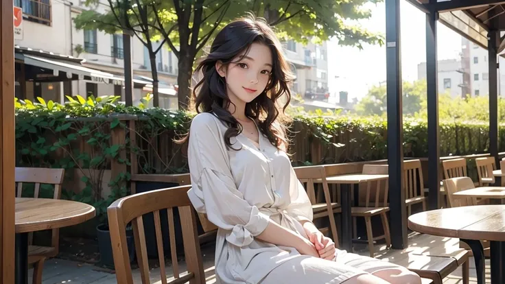 Girl sitting lazily in charming outdoor cafe, Surrounded by comfortable chairs and tables.Beautiful curly hair、