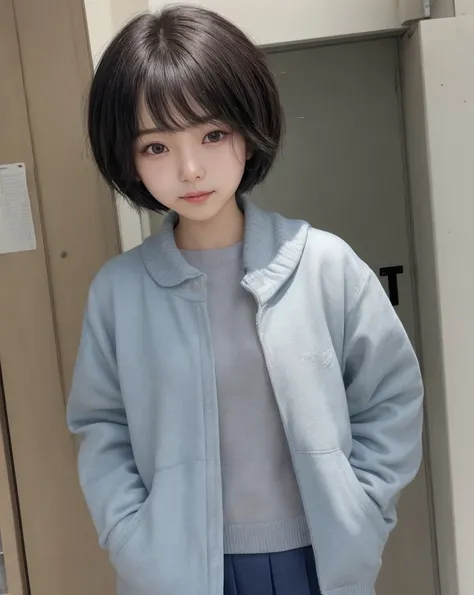 yearbook photo of a Korean girl leaving school with short hair, id style