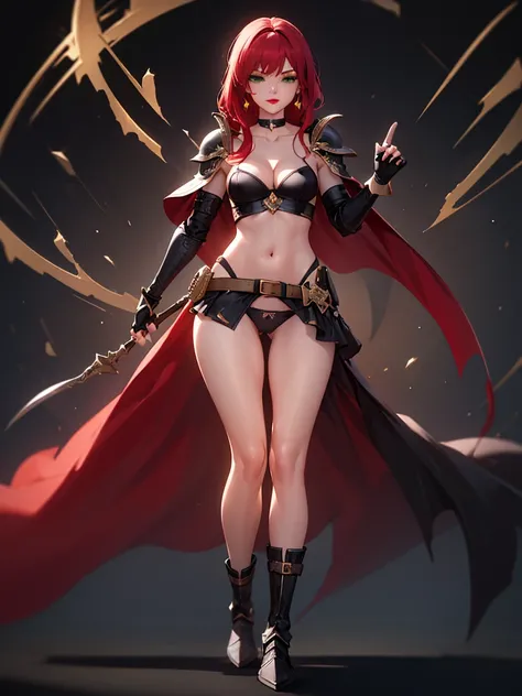 (masterpiece:1.2), (highest quality:1.2), 1girl, solo, red-hair, red-cape, breasts, green-eyes, long-hair, cape, navel, looking-at-viewer, jewelry, earring, belt, choker, gloves, magic, standing, ass-visible-through-thighs, boots, cleavage, closed-mouth, m...