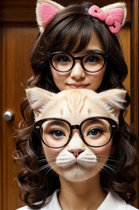 Hello Kitty kitten with eyeglasses and dark brown curly hair 