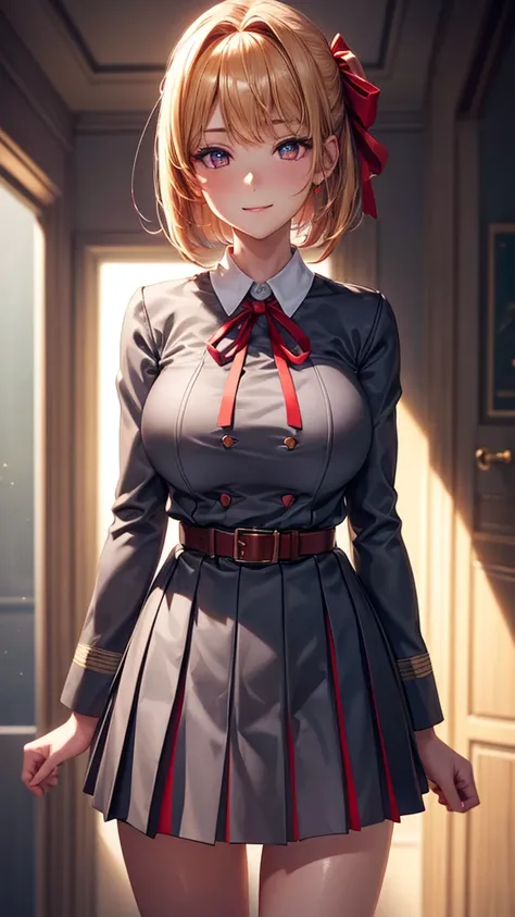 masterpiece, illustration, 8k, best quality, Chisato Nishikigi,big breasts, ribbon,red_eyes,blond hair,short hair, hair _ribbon,, (lycoris uniform, two-tone dress, grey dress, pleated dress, belt, red belt, neck ribbon, blue ribbon, long sleeves,) smile,bi...