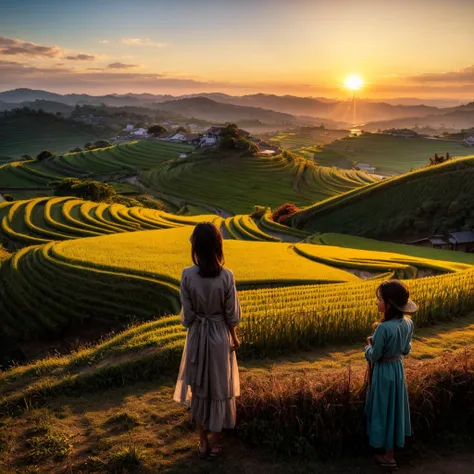 Rice field, peaceful rural landscape, terraced fields, sunset, sky and sea, girl looking at the sun setting into the sea, autumn, rice is ripening