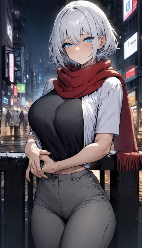 ((Best Quality)), ((Masterpiece)), (detailed), 1 chico, White hair, medium short hair, blue eyes, cerium expression, muscular, White T-shirt, black sweater, Red scarf, grey pants, in the city at night,