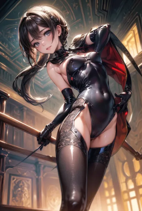 nsfw、(masterpiece, Highest quality, Super detailed:1.3), Perfect composition, 4K, (Very detailed, Super detailed),(Angle from directly below the girl:1.5), Ultra-thin glossy high leg bodysuit、Ultra-thin glossy long gloves、Ultra-thin glossy long tights, Hig...