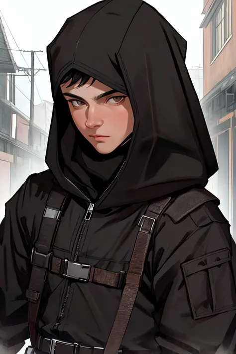 ((Highest quality)), ((masterpiece)), (detailed), Perfect Face, mature, Balaclava, Black Uniform, Short black hair, Brown eyes, Black hood