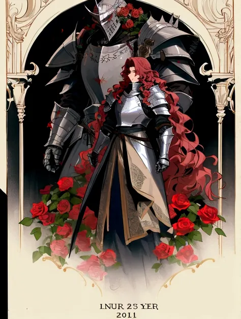 full height, medium height man, 21 years old, roses, knights armor, flowers, long curly hair