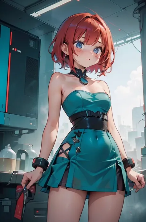 ((best qualityer)), ((work of art)), ((realisitic)) 19yearsold, red-haired girl, Hair to the shoulders, happy and relaxed face ((苗条)) (busty), ((( dark turquoise strapless bodycon dress ))) ((( mini-skirt ))) ((sensuous )) cyberpunk costume, textured pixie...