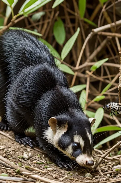 A spotted skunk feeding on small insects and invertebrates 