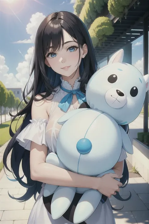 A young woman with straight, shoulder-length dark hair is smiling and holding a large white stuffed animal with blue ears against her face. She wears a light-colored blouse and appears to be outdoors on a sunny day.