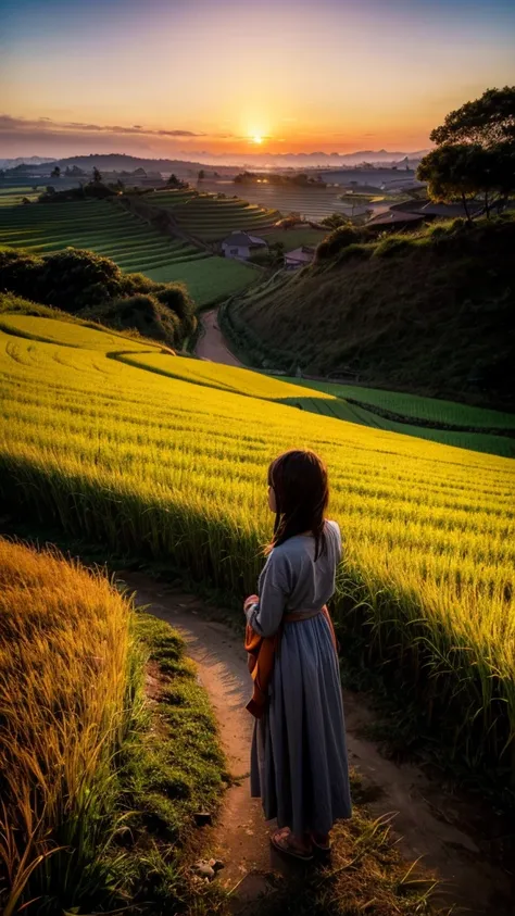 Rice field, peaceful rural landscape, terraced fields, sunset, sky and sea, girl looking at the sun setting into the sea, autumn, rice is ripening