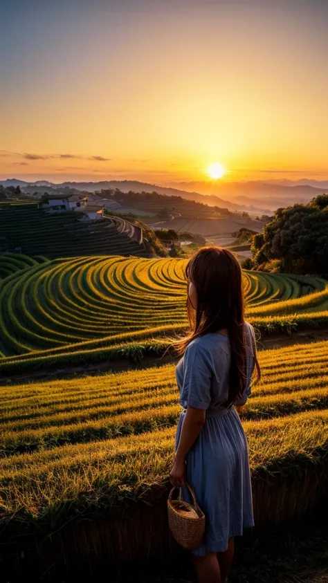 Rice field, peaceful rural landscape, terraced fields, sunset, sky and sea, girl looking at the sun setting into the sea, autumn, rice is ripening