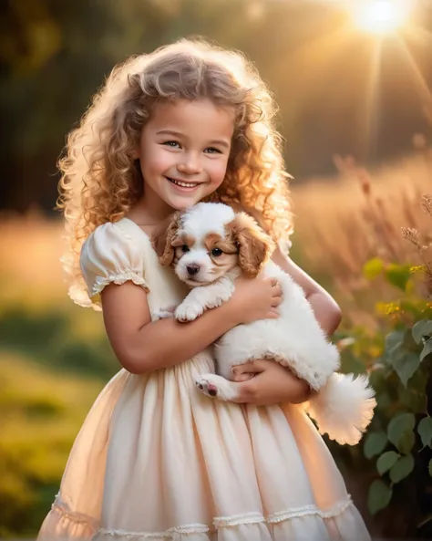 a tender moment captured on camera: a sweet young girl, with bright smile and curly locks, cradles a tiny puppy in her arms. the...