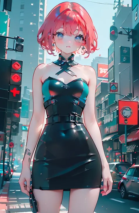 ((best qualityer)), ((work of art)), ((realisitic)) 19yearsold, red-haired girl, Hair to the shoulders, happy and relaxed face ((苗条)) (busty), ((( dark turquoise strapless bodycon dress ))) ((( mini-skirt ))) ((sensuous )) cyberpunk costume, textured pixie...