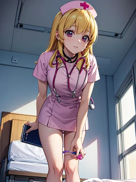 masterpiece best quality anime style 4k beautiful face(nurse cap nurse costume mini skirt)(consultation Stethoscope and medical Check leaning forward in hospital room))fAngle from below hospital bed room showing panties　Blonde_HAIR