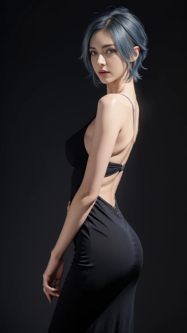 8K, Top Quality, Intricate Details, Ultra Detail, Ultra High Resolution, Masterpiece, close up shot, shot from behind, (Looking back), (full body: 1.1), Slender, Smile, (Makeup: 0.4), ,(( blue eyes, blue hair, bangs, very short hair , random short hairstyl...