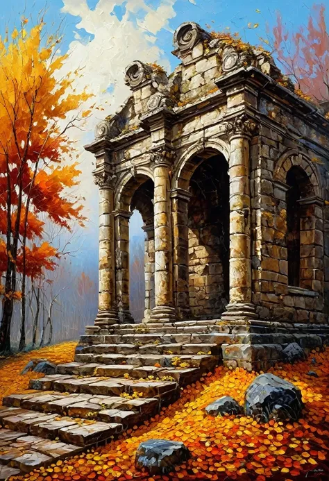 , late autumn ruins, high quality, highly detailed, illustration, impasto, canvas, oil painting, fantasy,