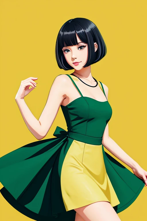 girl, bob hairstyle, summer dress, heels, from head to toe, black green & yellow aesthetic background, digital art, anime illustrations