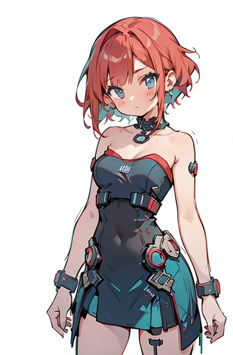 ((best qualityer)), ((work of art)), ((realisitic)) 19yearsold, red-haired girl, Hair to the shoulders, happy and relaxed face ((苗条)) (busty), ((( dark turquoise strapless bodycon dress ))) ((( mini-skirt ))) ((sensuous )) cyberpunk costume, textured pixie...