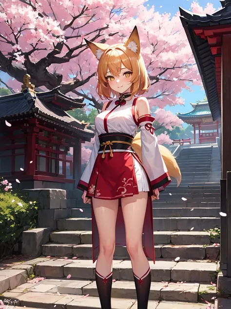 masterpiece, best quality, 1girl, yellow eyes, medium hair, stairs, cherry blossoms, temple, fox girl, detached sleeves, animal ears, happy, arms behind back,
