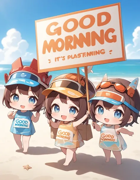 A chibi big family wearing headgear disguised as a carton with the beach printed on it is a placard　 that reads "Good Morning", 