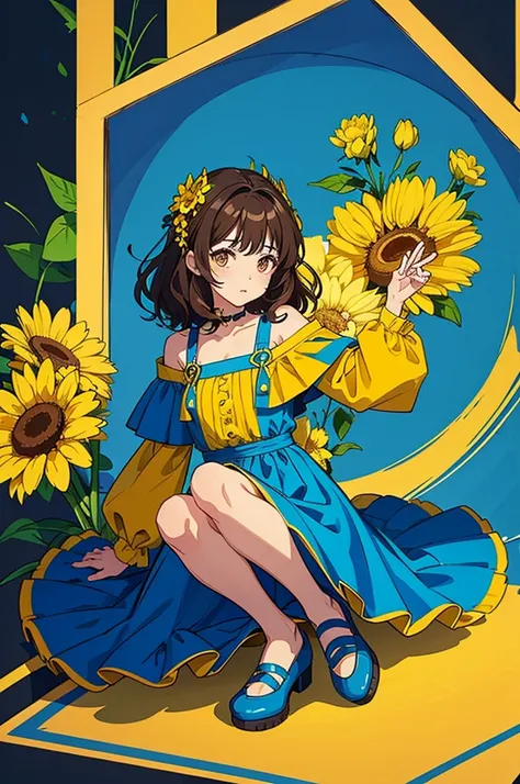 Juju has shoulder-length wavy brown hair., com olhos grandes e curiosos. She wears a blue dress with yellow flowers and red shoes. cartoon drawing style