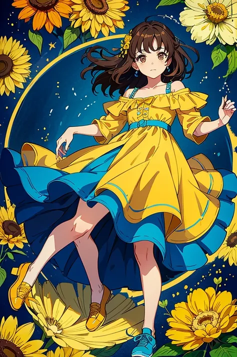 Juju has shoulder-length wavy brown hair., com olhos grandes e curiosos. She wears a blue dress with yellow flowers and red shoes. cartoon drawing style