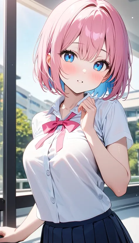 (1 girl),(Best Picture Quality, 8K, Masterpiece:1.3), (high school student:1.5), (pink lob hair:1.1), [skyblue hair:0.1], (bob cut), (cute eyes, pupil black, iris skyblue, youthful face), (standard weight), (medium breasts), (super clear:1.5), (glistening ...