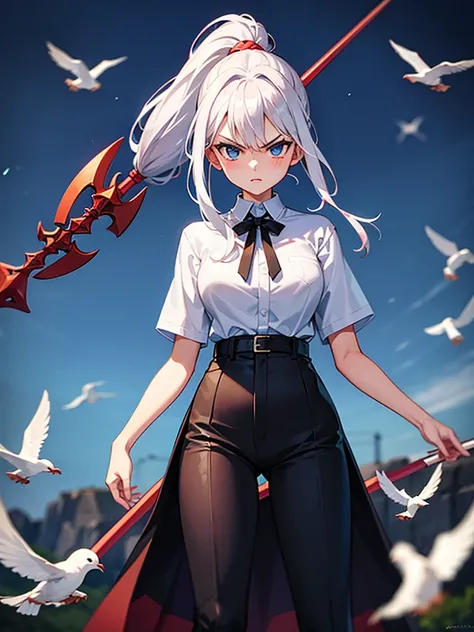 Adult girl, long white hair, high ponytail, blue eyes, angry, dove generals clothes, black trousers, spear, masterpiece, high quality
