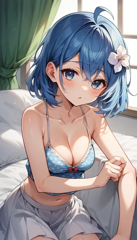 score_9,score_8_up,score_7_up, score_6_up,source_anime,1girl , 
YukihanaLamy, blue hair, long hair, heart ahoge, hair flower, LamyLoungewear, blue hair, short hair, heart ahoge, camisole, polka dot, cleavage, midriff, white skirt, bare arms, in bedroom, in...