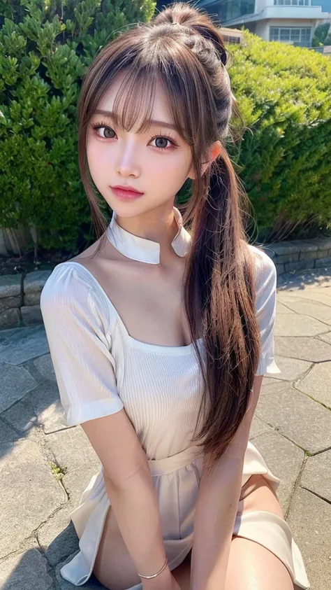 One piece with collar,outdoors,Urban Park,On the lawn,Ultra-detailed, finely detail, hight resolution, 8K Wallpaper, Perfect dynamic composition, Beautiful detailed eyes,Outdoor,Close-up of face,Outdoor,Blushing,Facing forward,,Long hair ponytail,((8k, Raw...