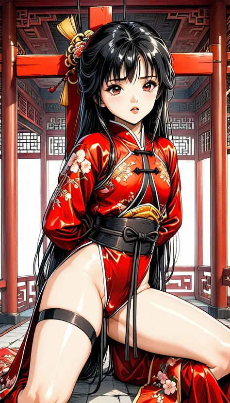 8k Tragic fantasy historical drama Beautiful palace secrets　Beautiful Chinese 10 year old Kung Fu girl with long black hair holds both arms、Both legs are restrained and the body is fixed to the cross　Gorgeous embroidery, Ultra glossy, She is wearing a shin...