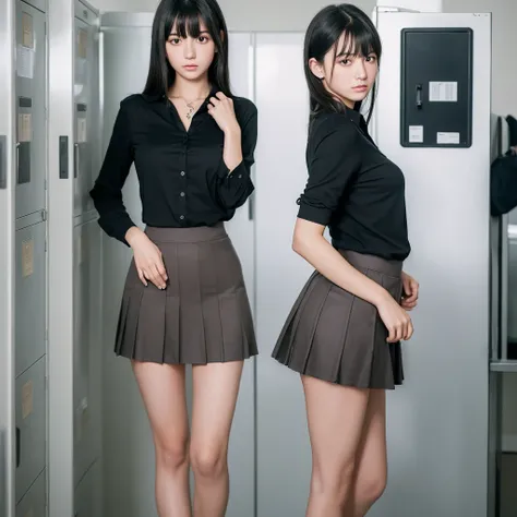 (Highest quality:1.5), (High resolution:1.5), (Real:1.5), One girl, (16 years old), Black Hair, bangs, (Small breasts), School locker room, (blouse), (skirt), Changing clothes,Are standing