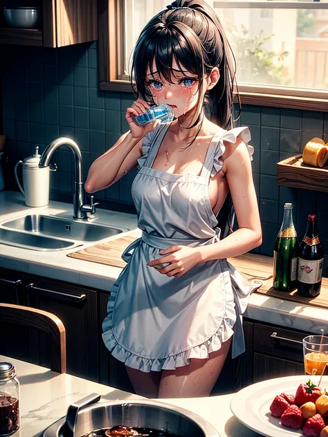 Highest Resolution,Highest quality,A crying beautiful girl in a nude apron drinking water from a plastic bottle,kitchen,Tears,Open your mouth and drool,whole body,front,Sweat profusely,Beautiful eyes,Lots of saliva,Black hair ponytail,