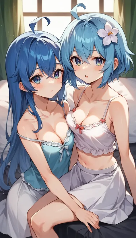 score_9,score_8_up,score_7_up, score_6_up,source_anime,1girl , 
YukihanaLamy, blue hair, long hair, heart ahoge, hair flower, LamyLoungewear, blue hair, short hair, heart ahoge, camisole, polka dot, cleavage, midriff, white skirt, bare arms, in bedroom, in...