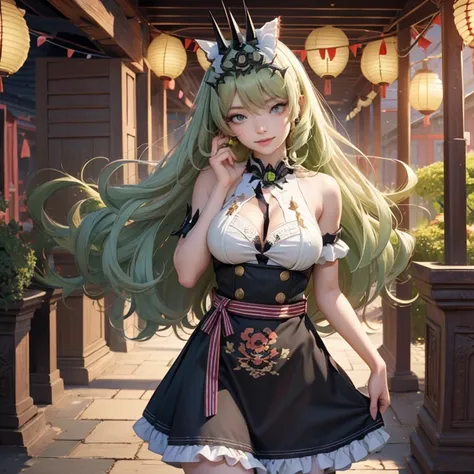 Mobius_(honkai impact 3d), ornament hair, perfectly body, perfectly hands, wave hair, light green hair, long hair, maid, maid dress, maid headdress, maid apron, garden, temple, shrine, outside, Chinese festival scenery, gold lantern, Chinese lantern, firew...