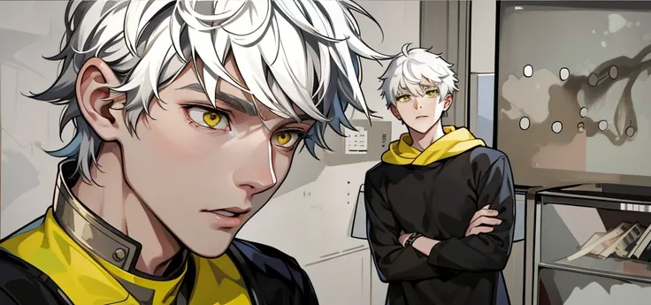 There are two cute young men, 18 years old, white hair and yellow eyes, they are talking, worried, thoughtful.