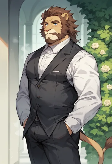 lion，personification，Mature male，Bad Uncle，beard，Cold expression，Blue pupils，Brown eyebrows，Black suit suit，Hands in pockets，The Age of Steam，garden。