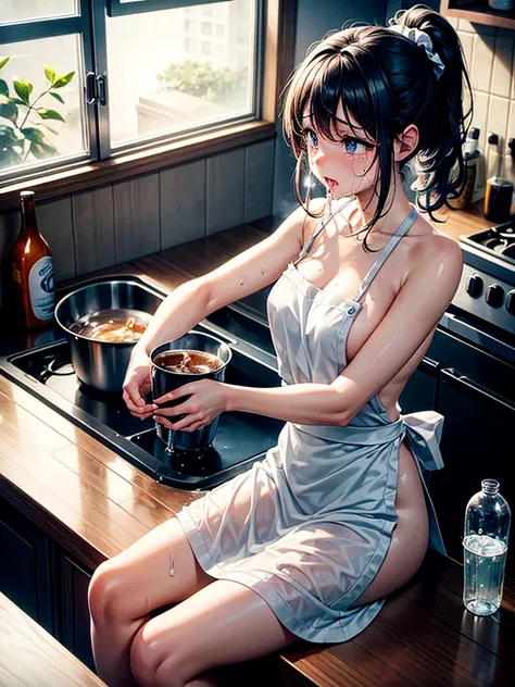 Highest Resolution,Highest quality,A crying beautiful girl in a nude apron drinking water from a plastic bottle,kitchen,Tears,Open your mouth and drool,whole body,front,Sweat profusely,Beautiful eyes,Lots of saliva,Black hair ponytail,