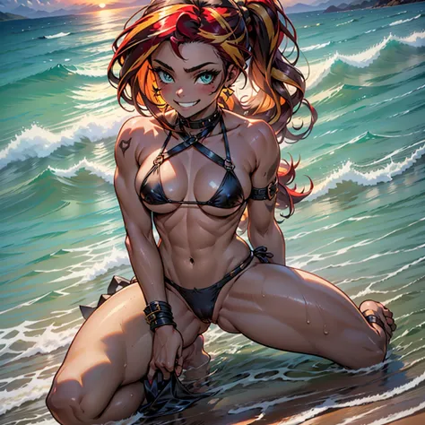 Sunsethuman, Sunset Shimmer, Sunset Shimmer from my little pony, Sunset Shimmer in the form of a girl, medium breasts, lush breasts, voluminous breasts, firm breasts, shin, heels, feet, five fingers, detailed hands, two tones of hair, red and yellow hair, ...