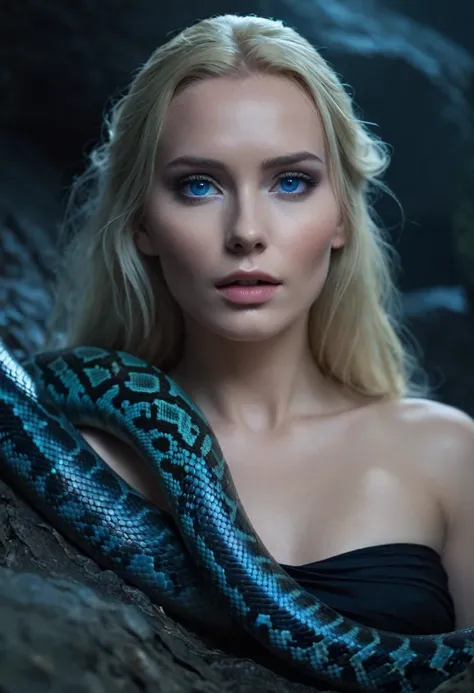 (Cinematic Still Frame), Movie Still,  Norse female goddess, ((Hel)), pale skin, blonde hair, blue eyes, Lying in a pit of snakes, python (snake), horror, gaze, Eyelight, grimdark, detailed facial features, magic, dark cave, cool color temperatures, damp, ...