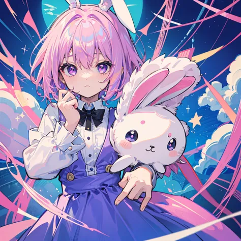 A cute little , 5 years old, wee,  with short white hair, with pink highlights, big and purple eyes, blue dress and bunny ears