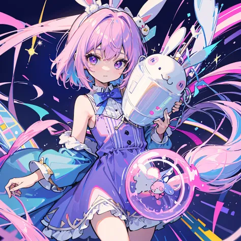 A cute little , 5 years old, wee,  with short white hair, with pink highlights, big and purple eyes, blue dress and bunny ears