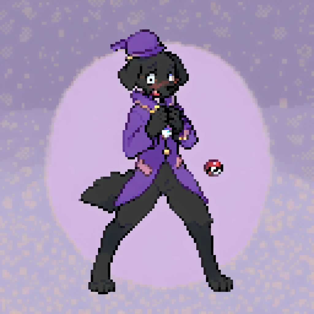 canid, canine, canis, mammal, mythological_canine, were, werecanid, werecanine, dog, black_labrador, black_body, black_fur, black_nose, holding_crystal_pokéball, hands_together, cupped_hands, purple_cloak, purple_clothes, magician, embarrassed, flushed, ma...