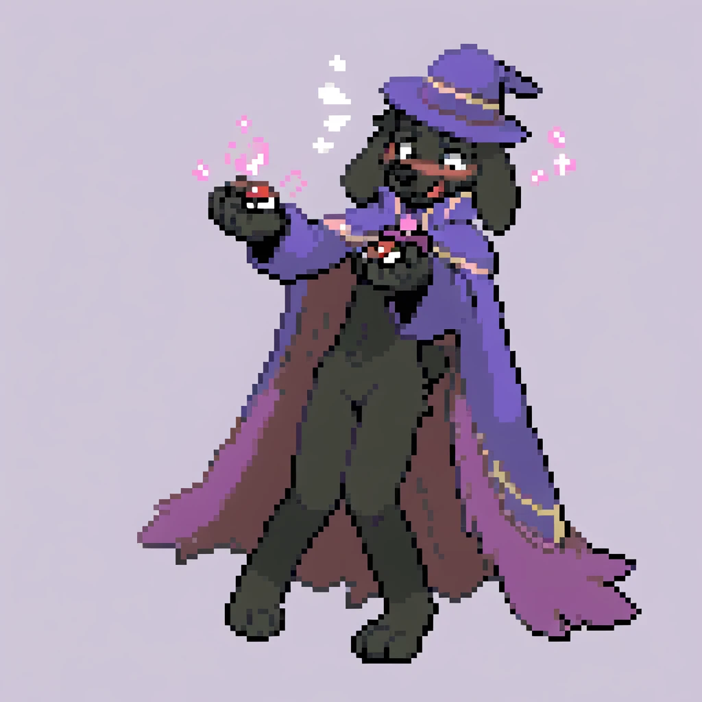 canid, canine, canis, mammal, mythological_canine, were, werecanid, werecanine, dog, black_labrador, black_body, black_fur, black_nose, holding_crystal_pokéball, hands_together, cupped_hands, purple_cloak, purple_clothes, magician, embarrassed, flushed, ma...