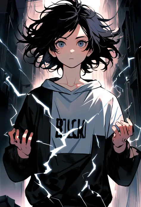 Man 17 years old Long black hair black and white sweatshirt with electricity on his body