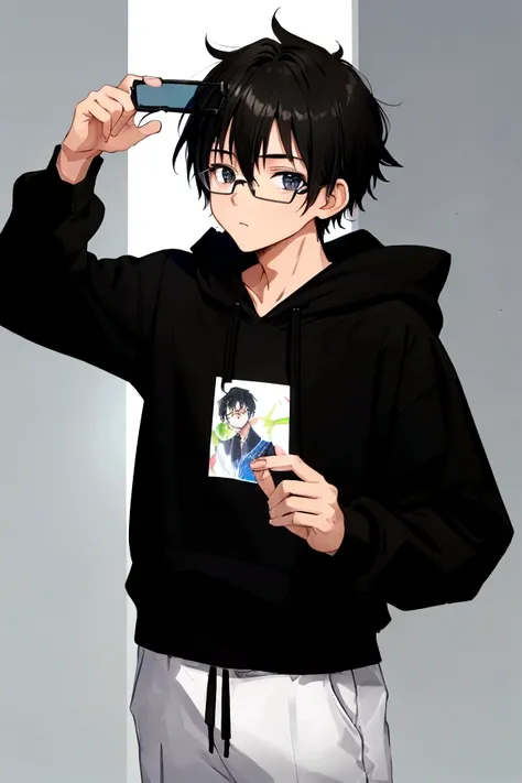 boy,20-year-old,Anime Images,Wearing a black hoodie,Black Hair,intellectual,Glasses