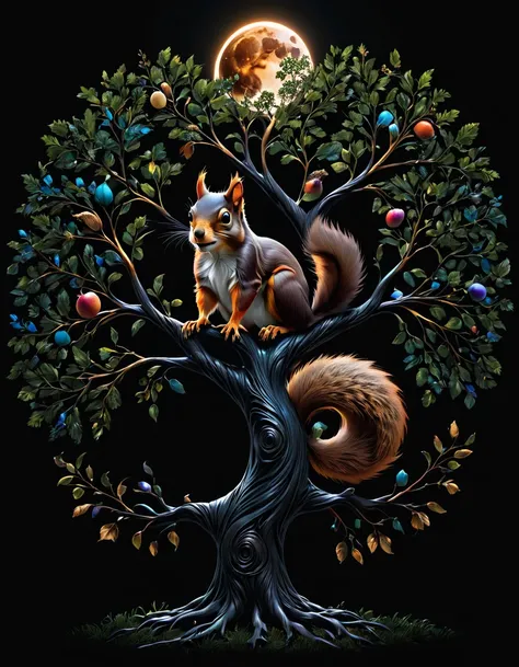 solid black background, eclipse, artpkplnt, tree of Life, 8K, squirrel,