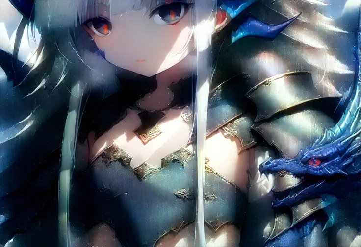 girl, half ice dragon, blue eyes, ((((White hair)))), ((((Blue Dragon Horn)))), medieval armor ((flat chest)), (((Detail production))) ((((8K resolution)))), Main part, 4K resolution, ((high quality))