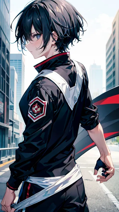 profile background, anime boy, serious face, black hair, grey eyes, martial arts clothing, high-res portrait, detailed eyes and face, character, fantasy, advanced urban, looking from behind at viewer, 4K, high resolution