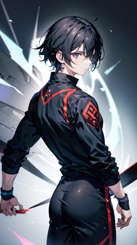 profile background, anime boy, serious face, black hair, grey eyes, martial arts clothing, high-res portrait, detailed eyes and face, character, fantasy, advanced urban, looking from behind at viewer, 4K, high resolution